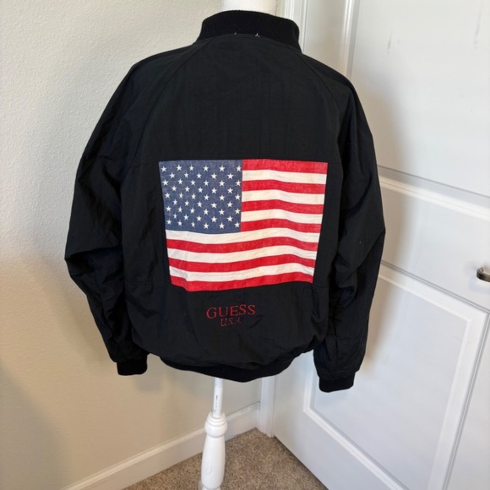 Vintage Guess Georges Marciano American Flag Bomber Jacket Black Nylon OSFA